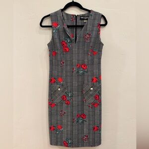 Karl Lagerfeld Gray Plaid Dress with Red Floral Accents